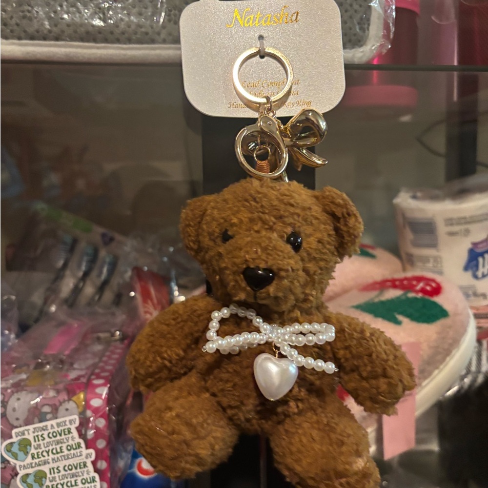 Natasha Plush Teddy Bear Keychain with Pearl Heart
